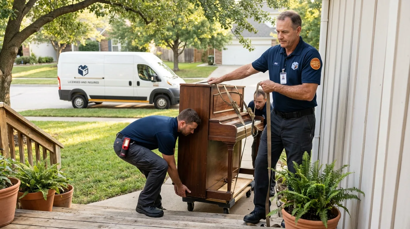 Licensed piano movers securing grand piano in Paramount, CA