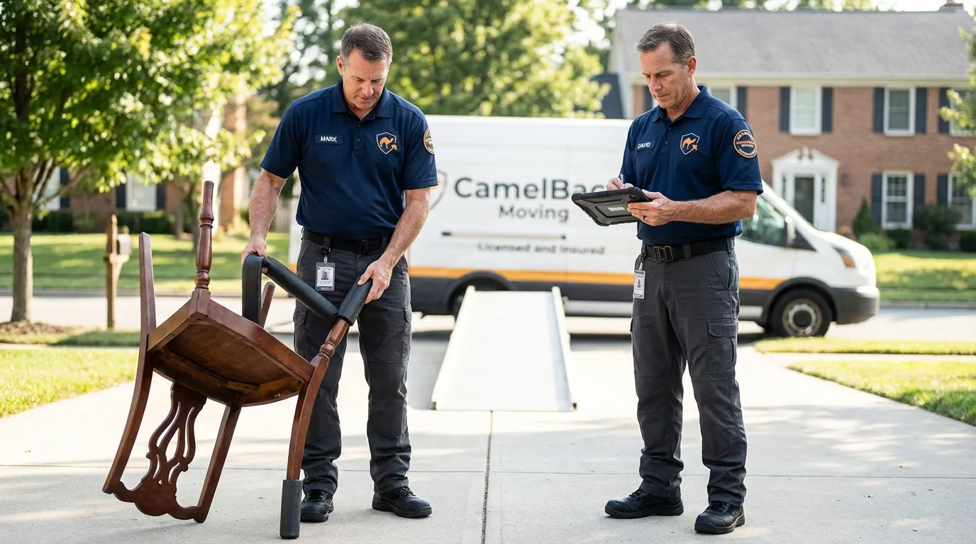 Movers inspecting furniture for damage prevention before loading in Paramount, CA