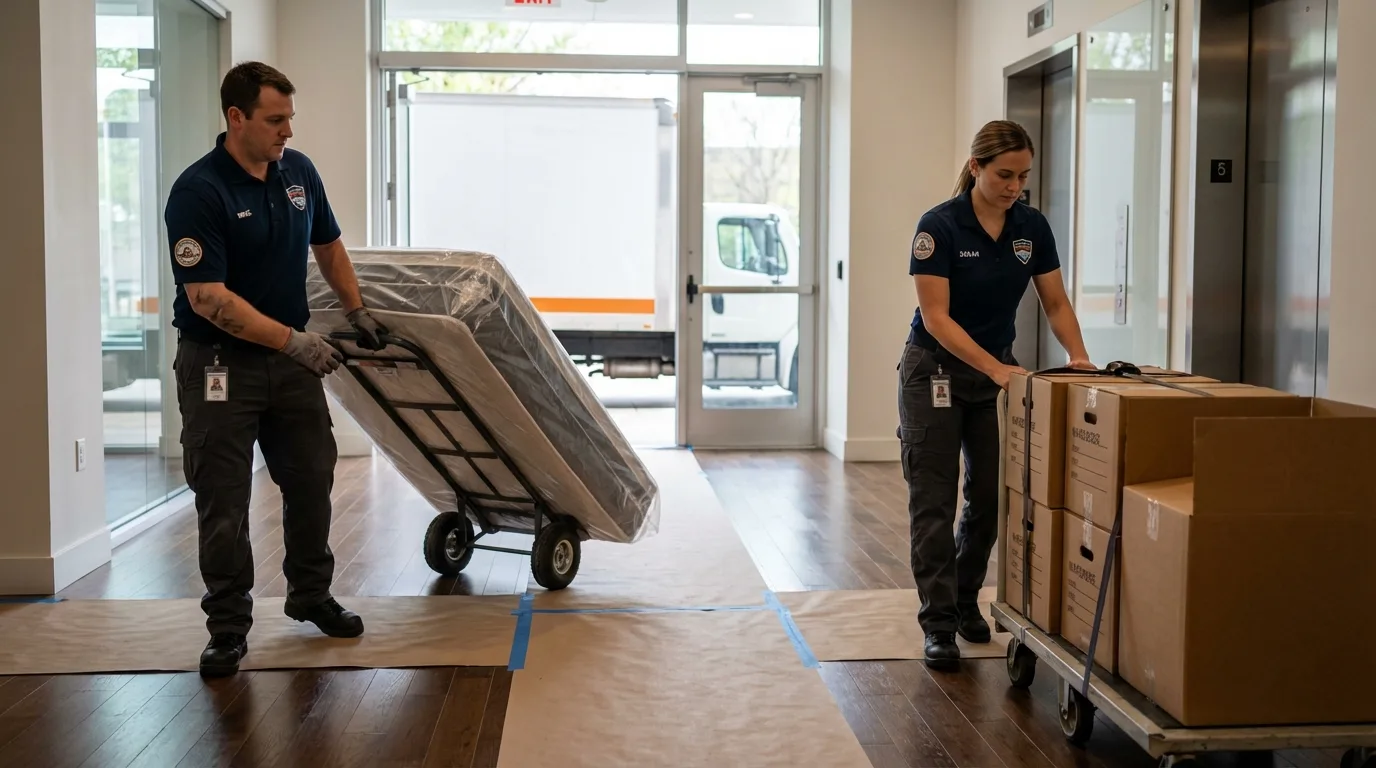 Professional apartment movers loading elevator in Paramount, CA