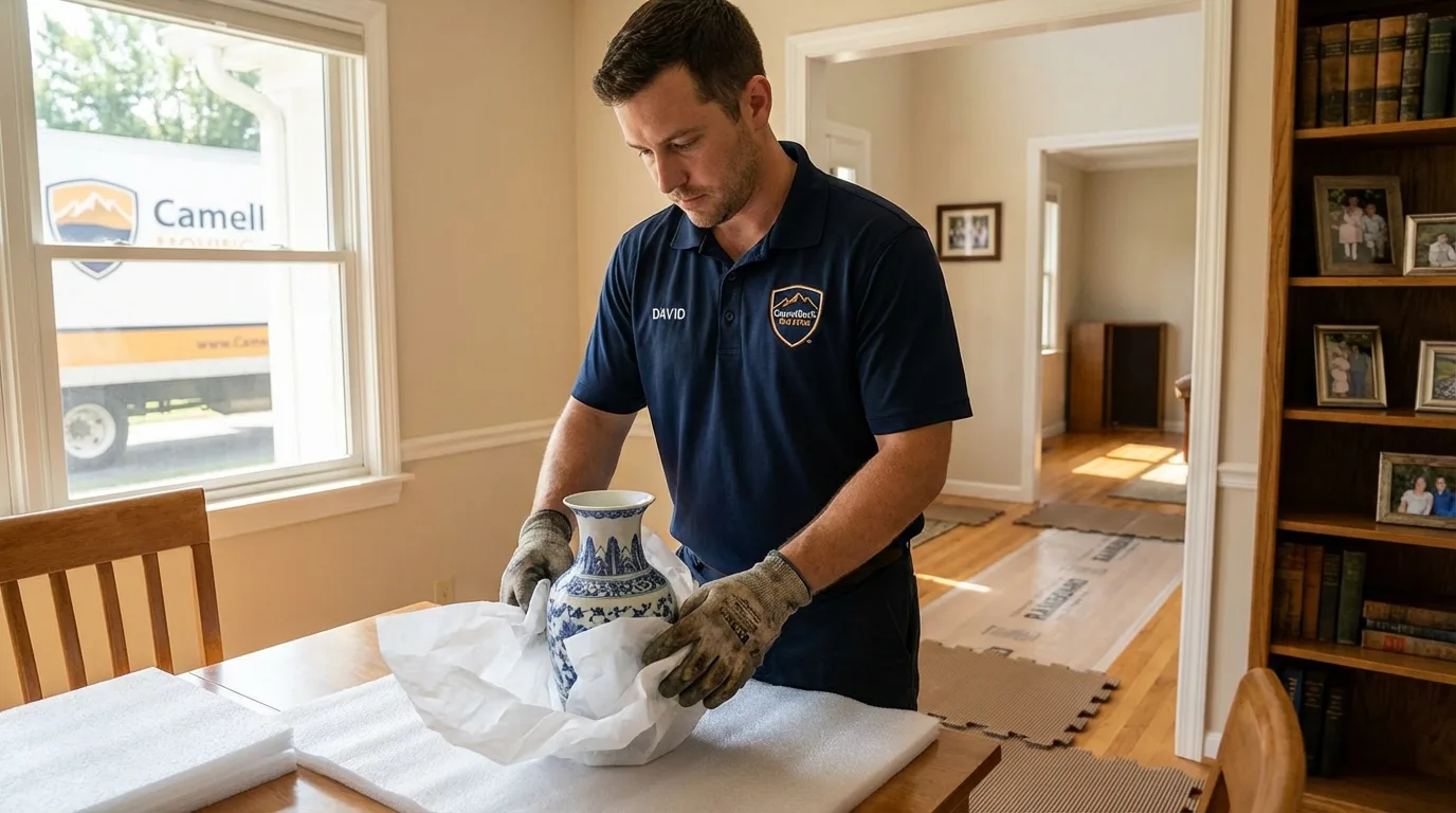 Professional crew carefully wrapping antique vase for senior downsizing move in Paramount, CA